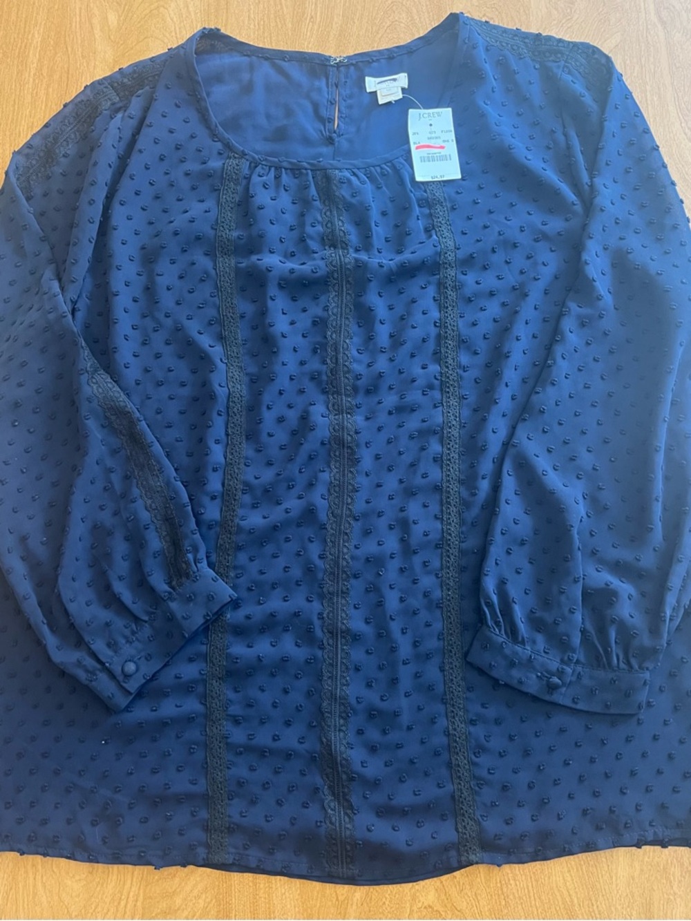 J. Crew Navy Swiss Dot Lace-Trim Long Sleeve Blouse